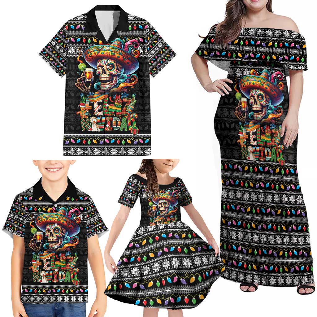 Mexican Sugar Skull Spanish Christmas Family Matching Off Shoulder Maxi Dress and Hawaiian Shirt Feliz Navidad Mexico - Wonder Print Shop