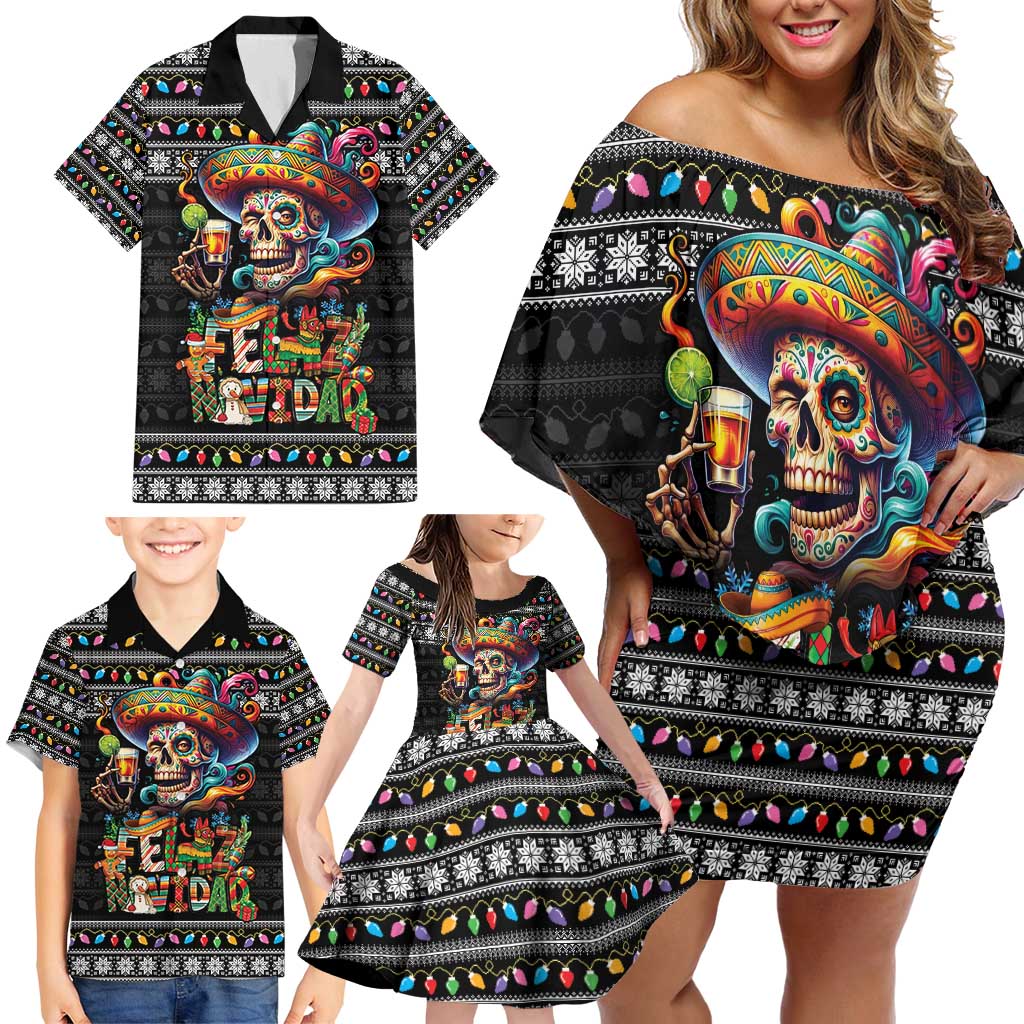 Mexican Sugar Skull Spanish Christmas Family Matching Off Shoulder Short Dress and Hawaiian Shirt Feliz Navidad Mexico - Wonder Print Shop