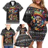 Mexican Sugar Skull Spanish Christmas Family Matching Off Shoulder Short Dress and Hawaiian Shirt Feliz Navidad Mexico - Wonder Print Shop