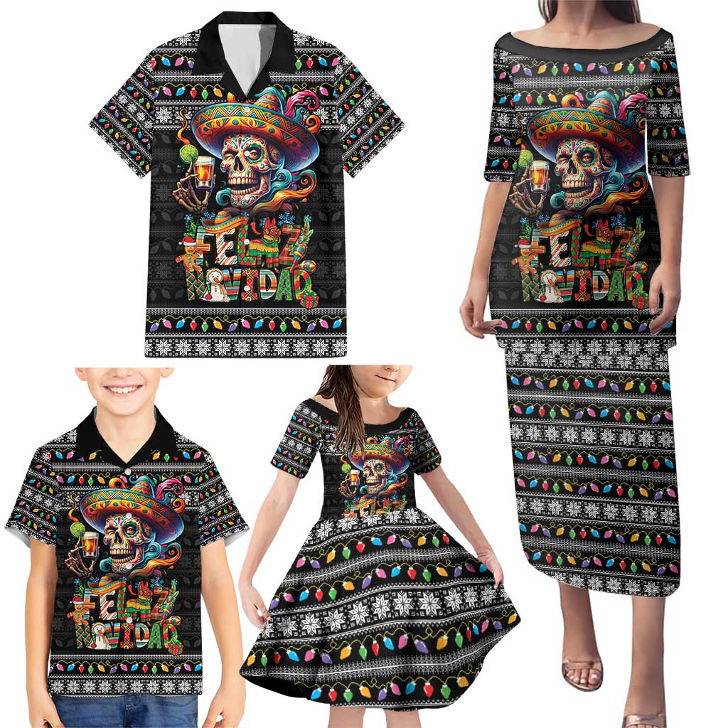 Mexican Sugar Skull Spanish Christmas Family Matching Puletasi and Hawaiian Shirt Feliz Navidad Mexico - Wonder Print Shop