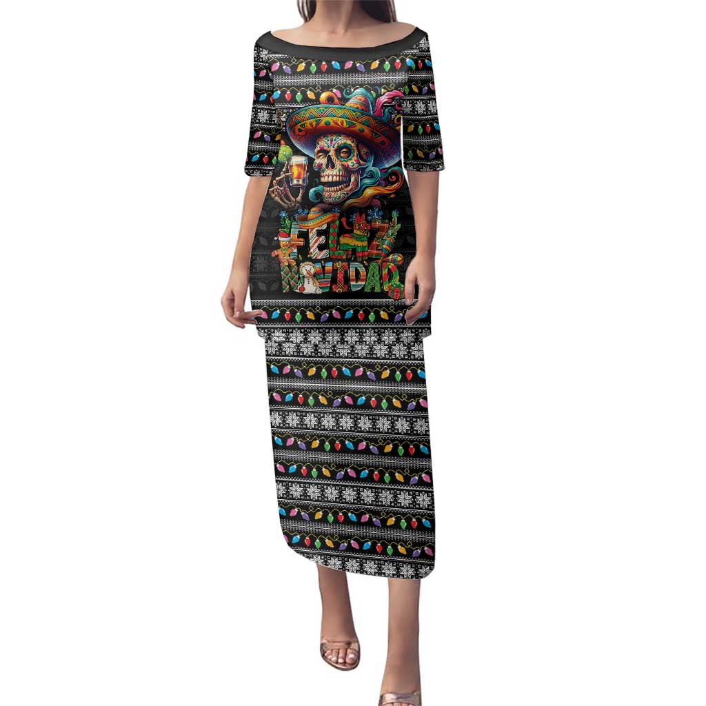 Mexican Sugar Skull Spanish Christmas Family Matching Puletasi and Hawaiian Shirt Feliz Navidad Mexico - Wonder Print Shop