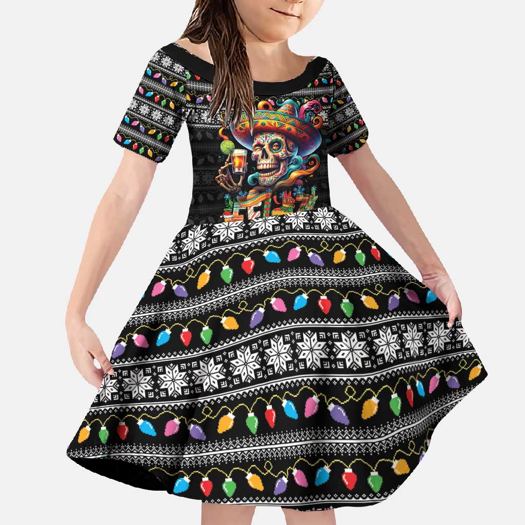 Mexican Sugar Skull Spanish Christmas Family Matching Short Sleeve Bodycon Dress and Hawaiian Shirt Feliz Navidad Mexico - Wonder Print Shop