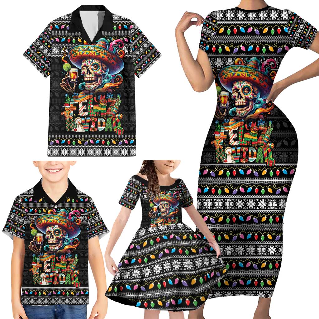 Mexican Sugar Skull Spanish Christmas Family Matching Short Sleeve Bodycon Dress and Hawaiian Shirt Feliz Navidad Mexico - Wonder Print Shop