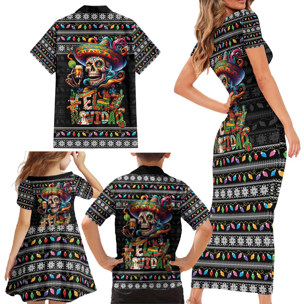 Mexican Sugar Skull Spanish Christmas Family Matching Short Sleeve Bodycon Dress and Hawaiian Shirt Feliz Navidad Mexico - Wonder Print Shop