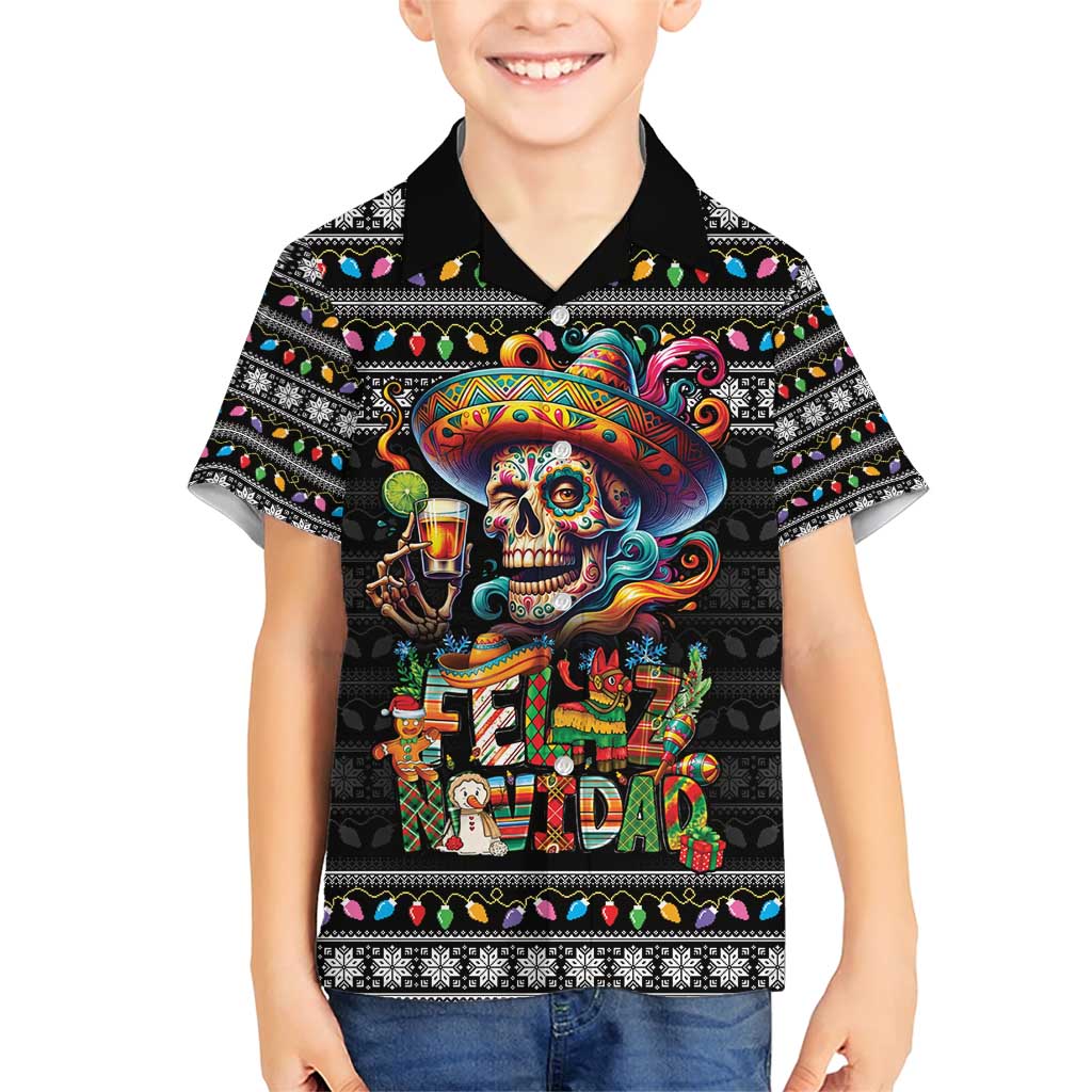 Mexican Sugar Skull Spanish Christmas Family Matching Short Sleeve Bodycon Dress and Hawaiian Shirt Feliz Navidad Mexico - Wonder Print Shop