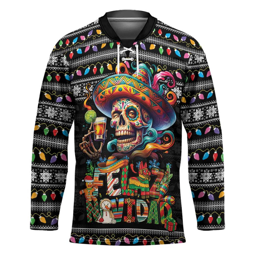 Mexican Sugar Skull Spanish Christmas Hockey Jersey Feliz Navidad Mexico - Wonder Print Shop