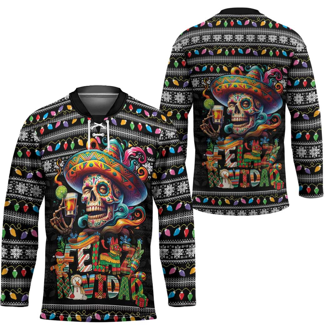Mexican Sugar Skull Spanish Christmas Hockey Jersey Feliz Navidad Mexico - Wonder Print Shop