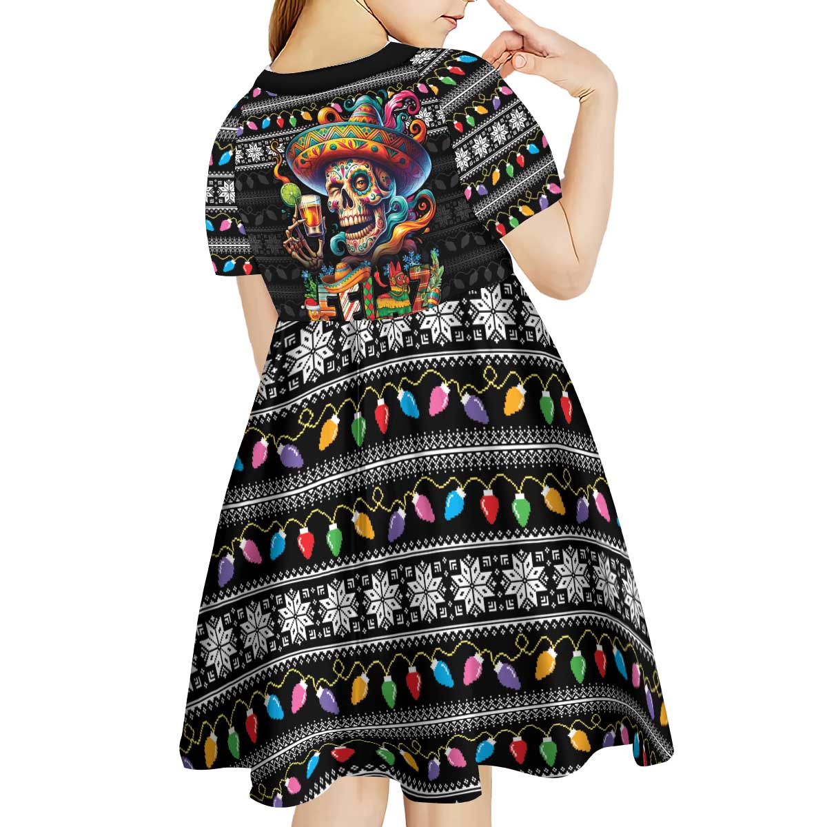 Mexican Sugar Skull Spanish Christmas Kid Short Sleeve Dress Feliz Navidad Mexico - Wonder Print Shop