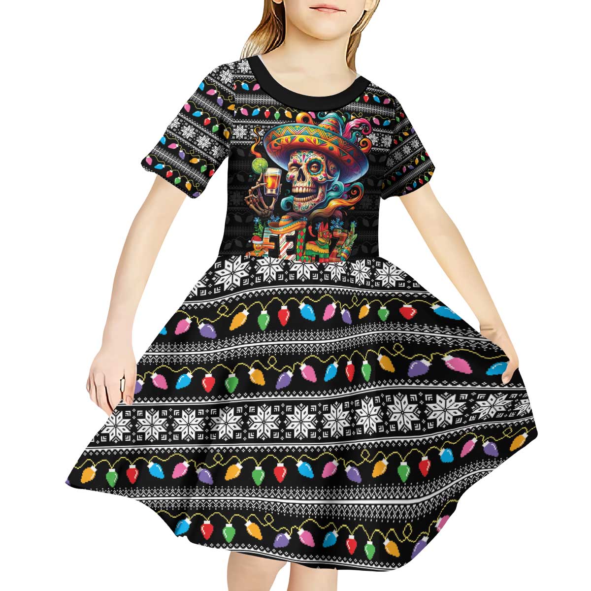 Mexican Sugar Skull Spanish Christmas Kid Short Sleeve Dress Feliz Navidad Mexico - Wonder Print Shop