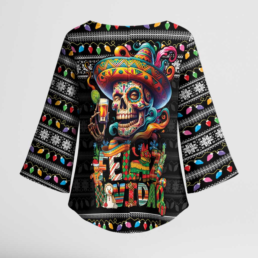 Mexican Sugar Skull Spanish Christmas Kimono Sleeve Blouse Feliz Navidad Mexico - Wonder Print Shop