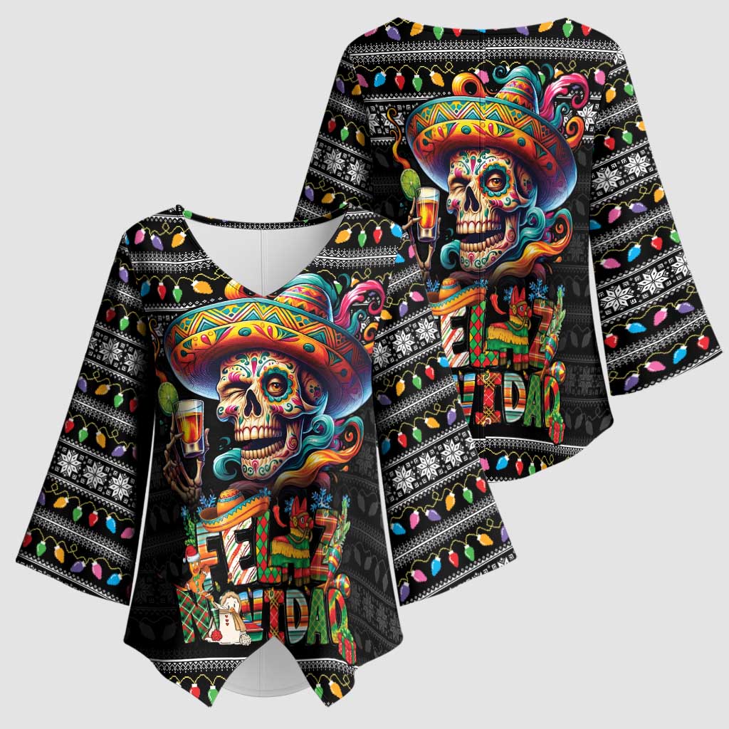 Mexican Sugar Skull Spanish Christmas Kimono Sleeve Blouse Feliz Navidad Mexico - Wonder Print Shop