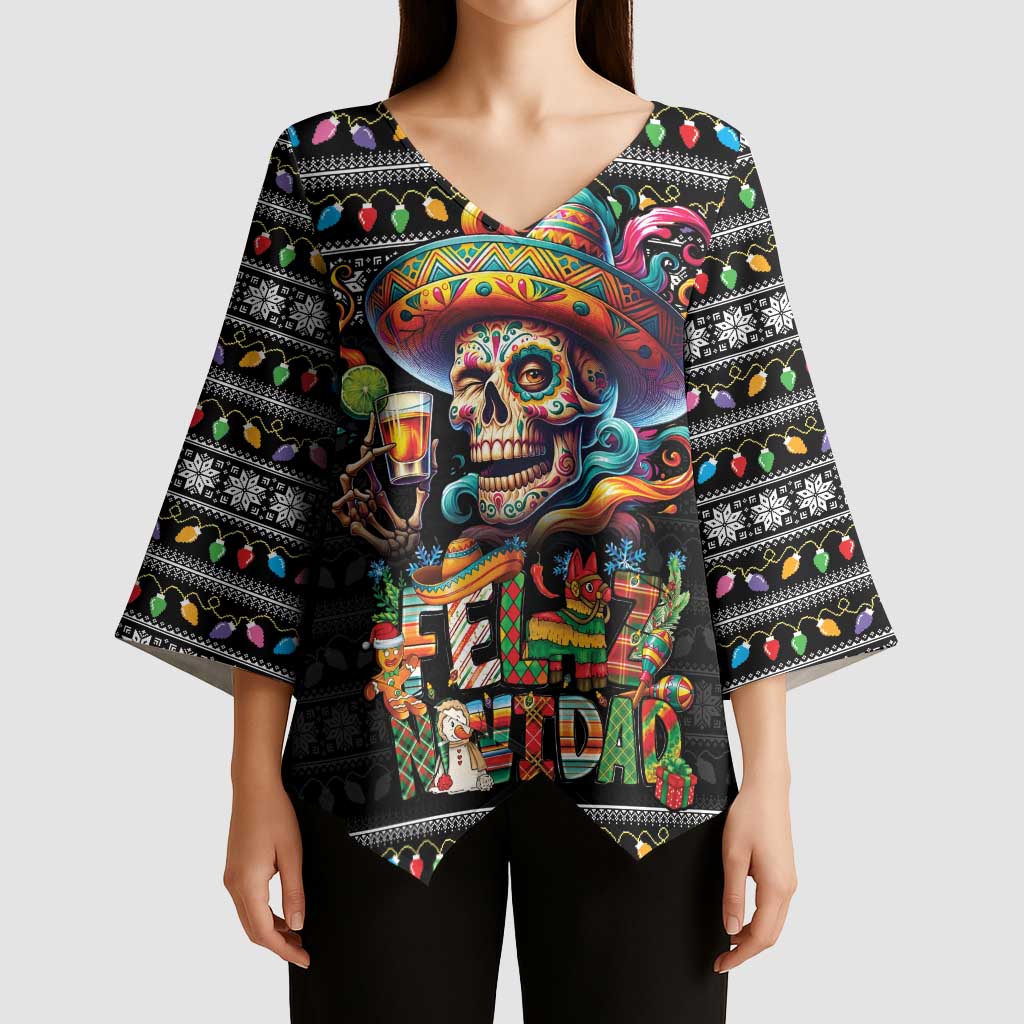 Mexican Sugar Skull Spanish Christmas Kimono Sleeve Blouse Feliz Navidad Mexico - Wonder Print Shop