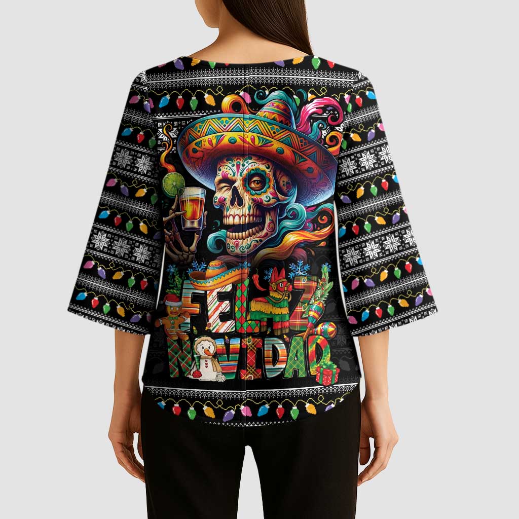 Mexican Sugar Skull Spanish Christmas Kimono Sleeve Blouse Feliz Navidad Mexico - Wonder Print Shop