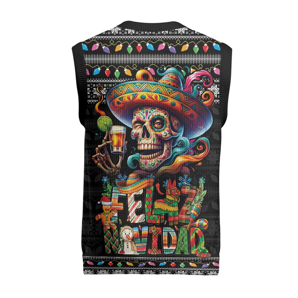 Mexican Sugar Skull Spanish Christmas Knitted V-Neck Vest Feliz Navidad Mexico - Wonder Print Shop