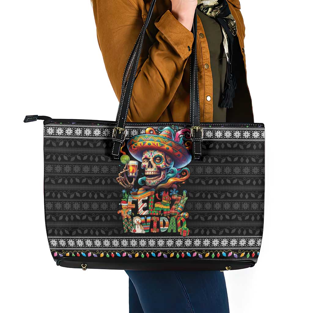 Mexican Sugar Skull Spanish Christmas Leather Tote Bag Feliz Navidad Mexico - Wonder Print Shop