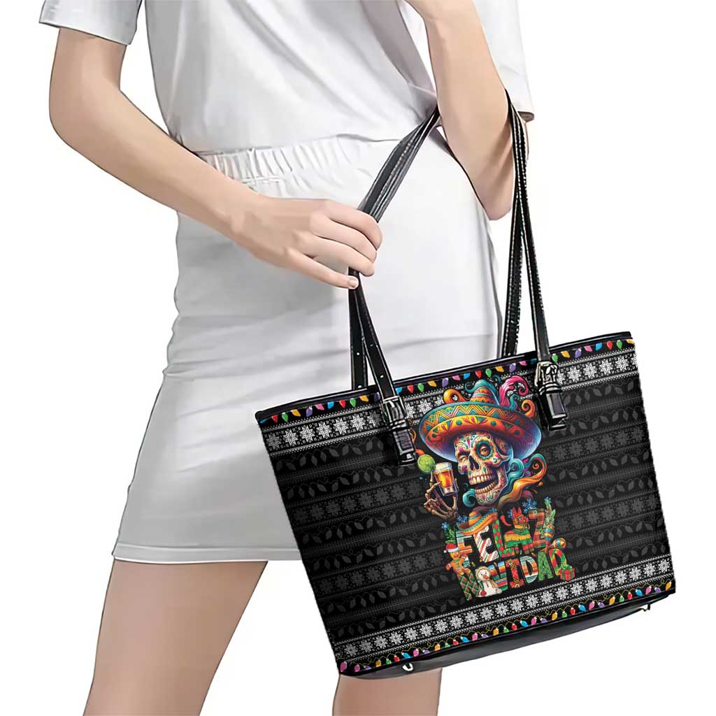 Mexican Sugar Skull Spanish Christmas Leather Tote Bag Feliz Navidad Mexico - Wonder Print Shop