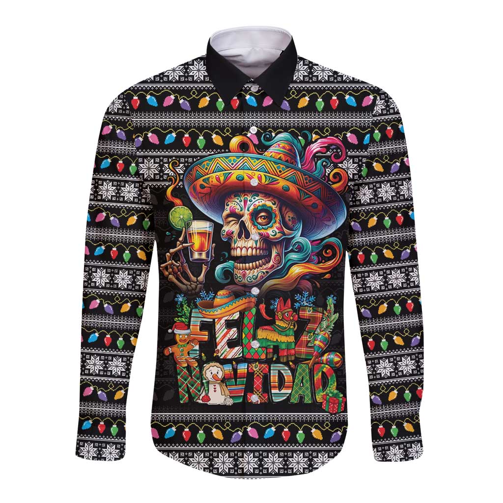 Mexican Sugar Skull Spanish Christmas Long Sleeve Button Shirt Feliz Navidad Mexico - Wonder Print Shop