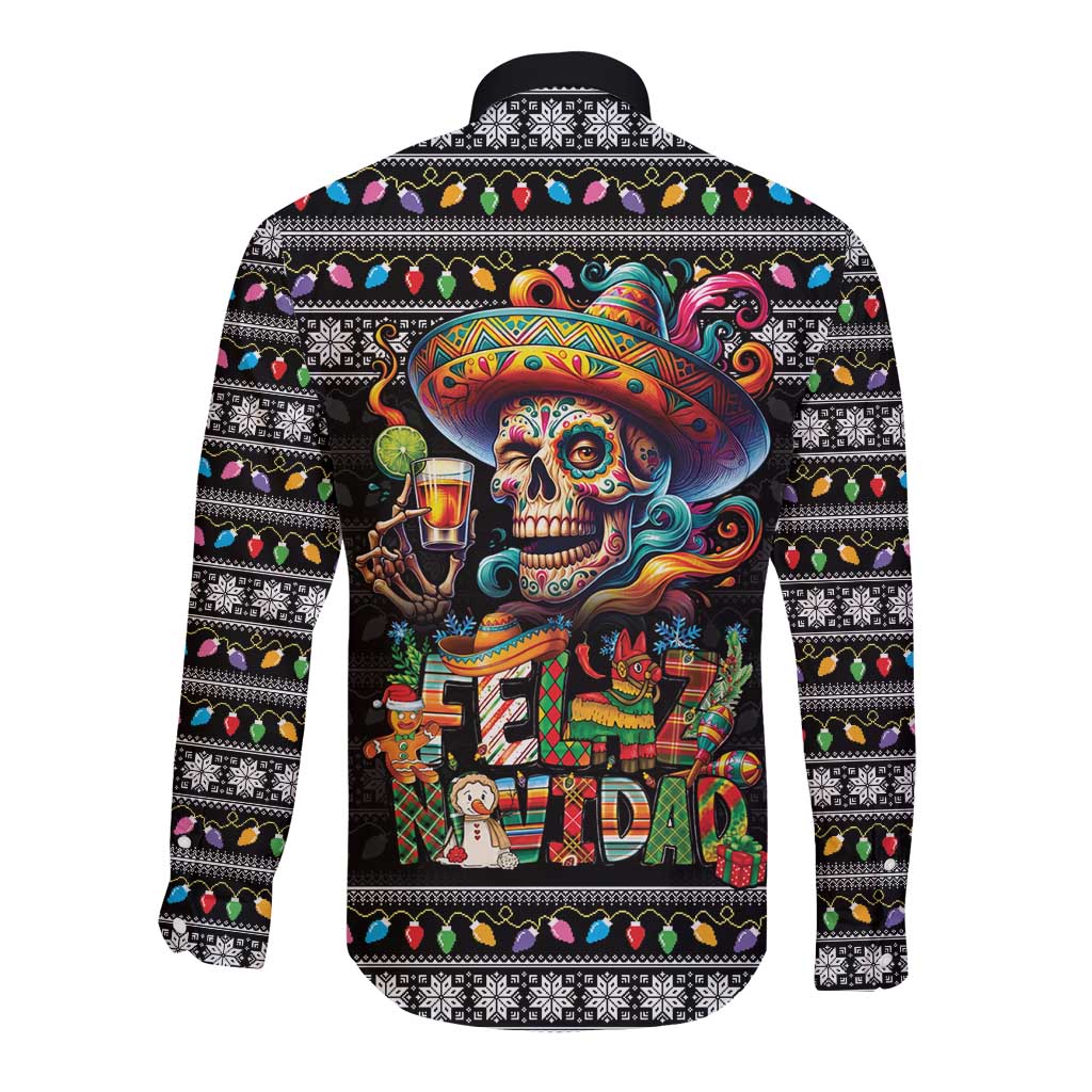 Mexican Sugar Skull Spanish Christmas Long Sleeve Button Shirt Feliz Navidad Mexico - Wonder Print Shop