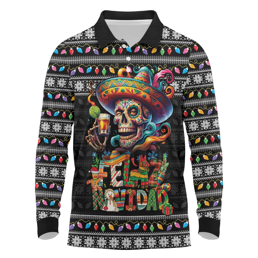 Mexican Sugar Skull Spanish Christmas Long Sleeve Polo Shirt Feliz Navidad Mexico - Wonder Print Shop