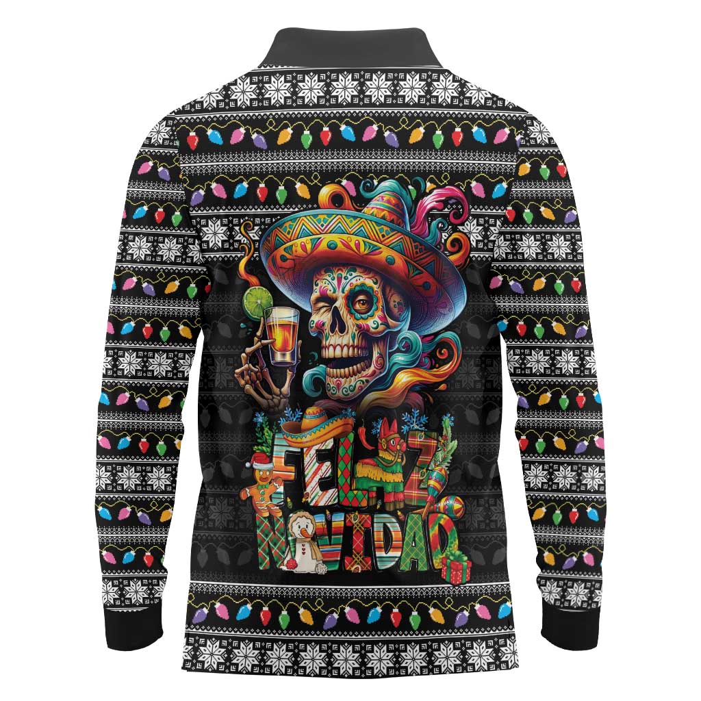 Mexican Sugar Skull Spanish Christmas Long Sleeve Polo Shirt Feliz Navidad Mexico - Wonder Print Shop