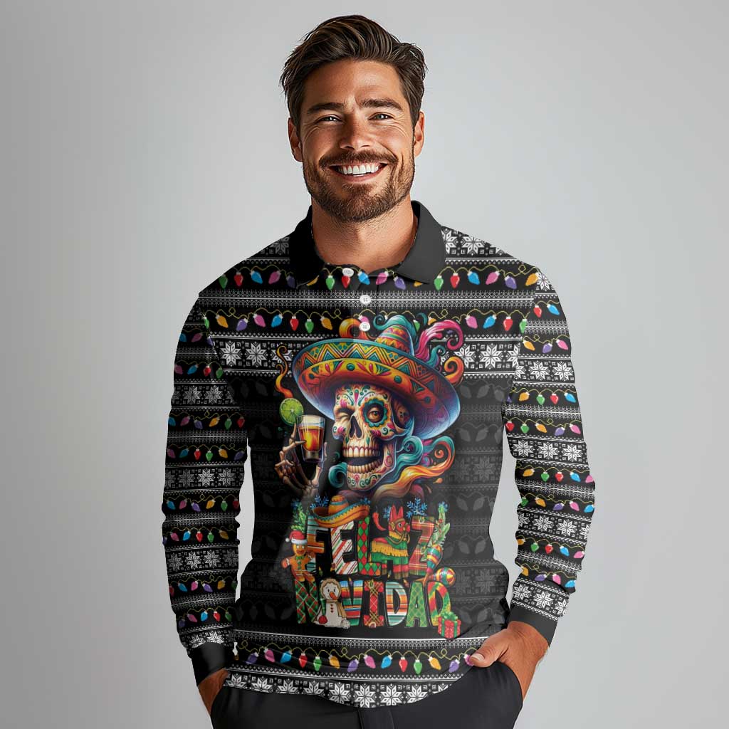 Mexican Sugar Skull Spanish Christmas Long Sleeve Polo Shirt Feliz Navidad Mexico - Wonder Print Shop
