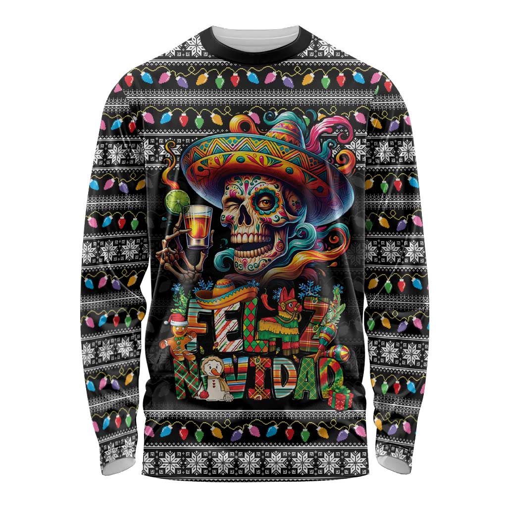 Mexican Sugar Skull Spanish Christmas Long Sleeve Shirt Feliz Navidad Mexico - Wonder Print Shop