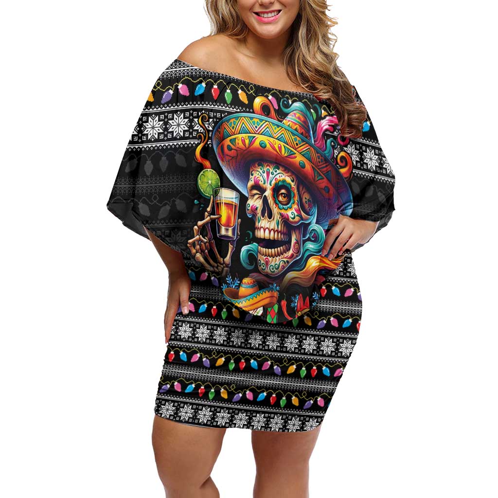 Mexican Sugar Skull Spanish Christmas Off Shoulder Short Dress Feliz Navidad Mexico - Wonder Print Shop