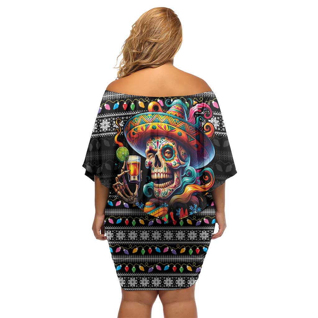 Mexican Sugar Skull Spanish Christmas Off Shoulder Short Dress Feliz Navidad Mexico - Wonder Print Shop