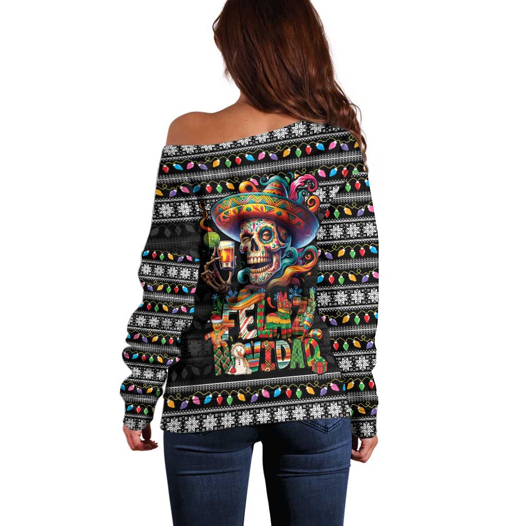 Mexican Sugar Skull Spanish Christmas Off Shoulder Sweater Feliz Navidad Mexico - Wonder Print Shop