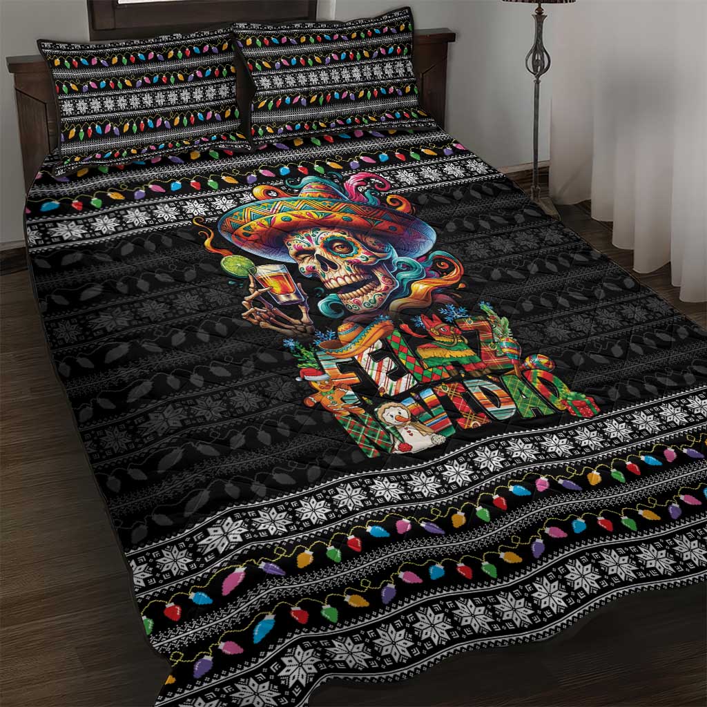 Mexican Sugar Skull Spanish Christmas Quilt Bed Set Feliz Navidad Mexico - Wonder Print Shop