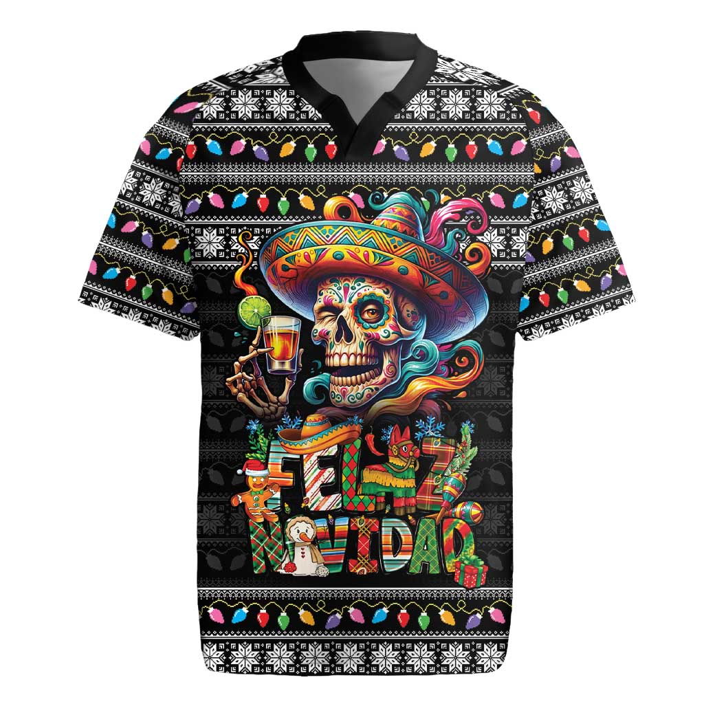 Mexican Sugar Skull Spanish Christmas Rugby Jersey Feliz Navidad Mexico - Wonder Print Shop
