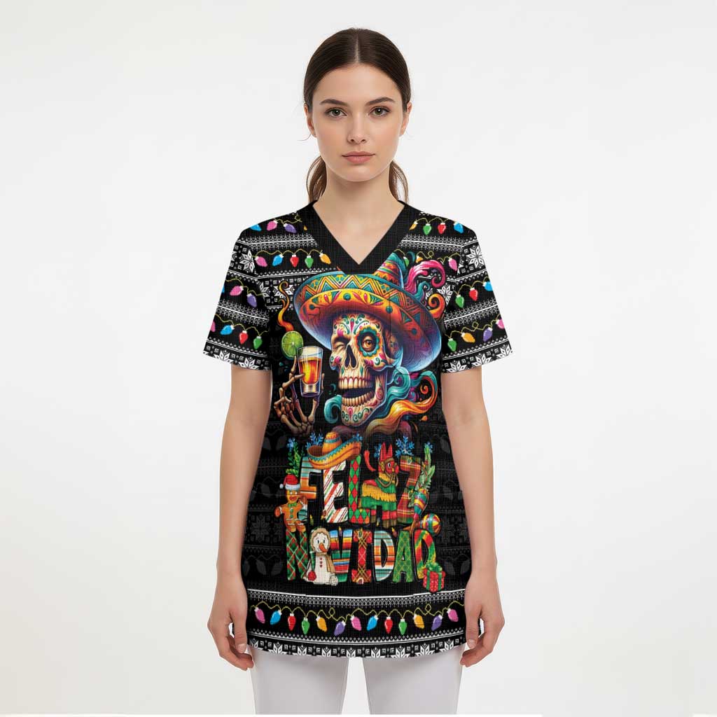 Mexican Sugar Skull Spanish Christmas Scrub Top Feliz Navidad Mexico - Wonder Print Shop