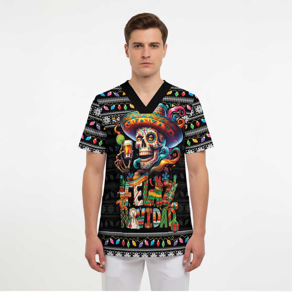 Mexican Sugar Skull Spanish Christmas Scrub Top Feliz Navidad Mexico - Wonder Print Shop