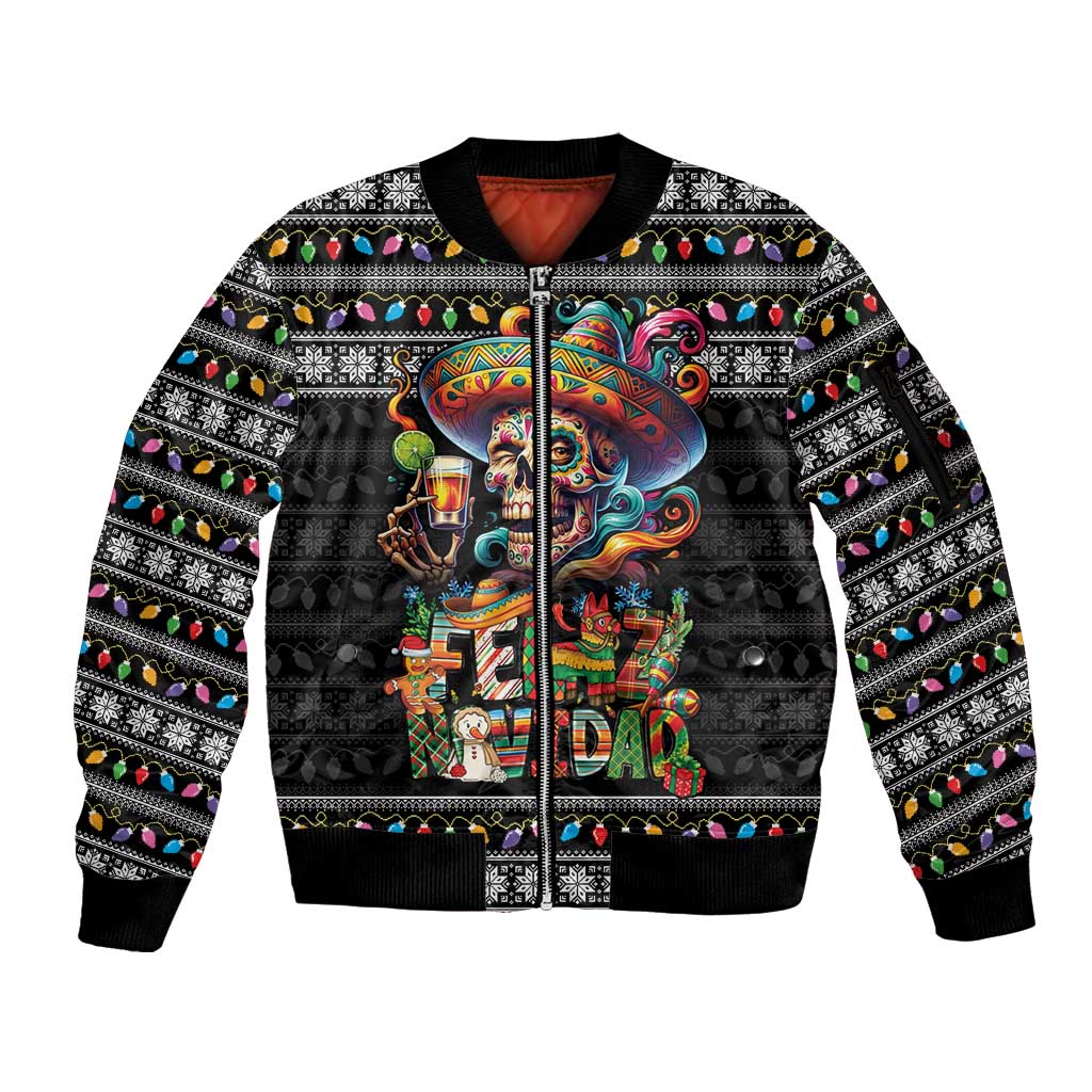 Mexican Sugar Skull Spanish Christmas Sleeve Zip Bomber Jacket Feliz Navidad Mexico - Wonder Print Shop
