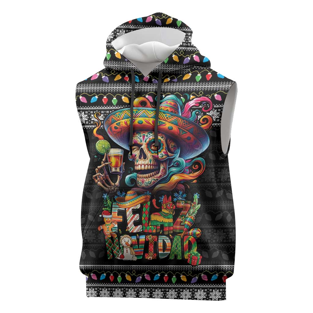 Mexican Sugar Skull Spanish Christmas Sleeveless Hoodie Feliz Navidad Mexico - Wonder Print Shop