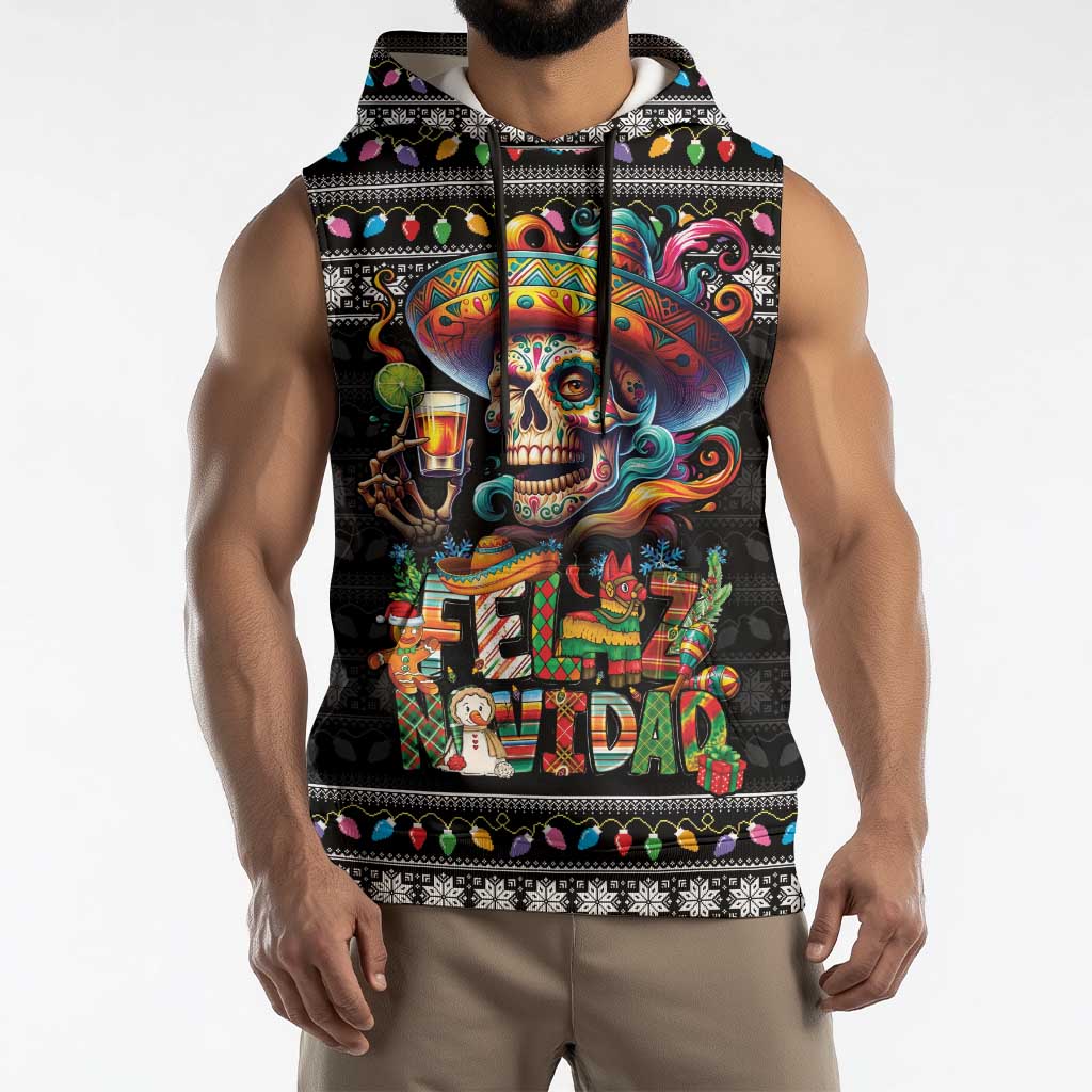 Mexican Sugar Skull Spanish Christmas Sleeveless Hoodie Feliz Navidad Mexico - Wonder Print Shop