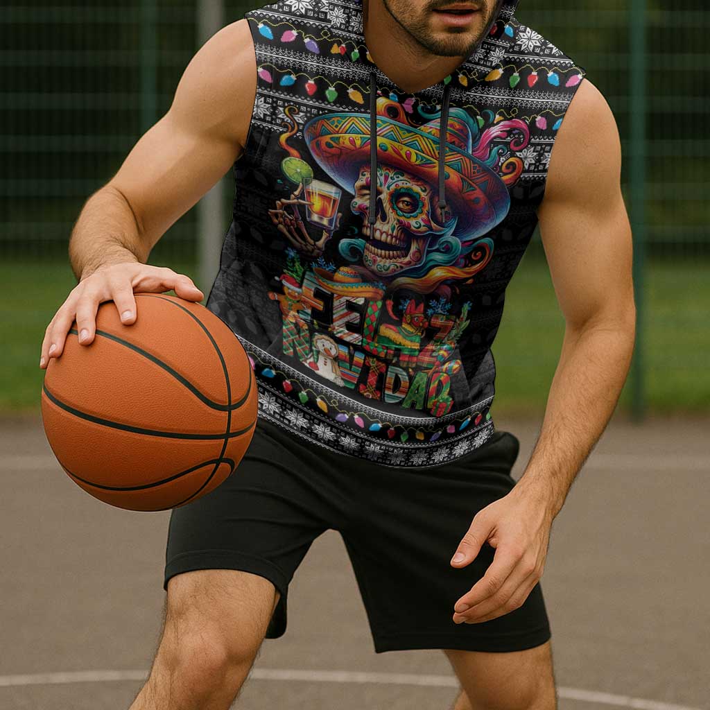Mexican Sugar Skull Spanish Christmas Sleeveless Hoodie Feliz Navidad Mexico - Wonder Print Shop