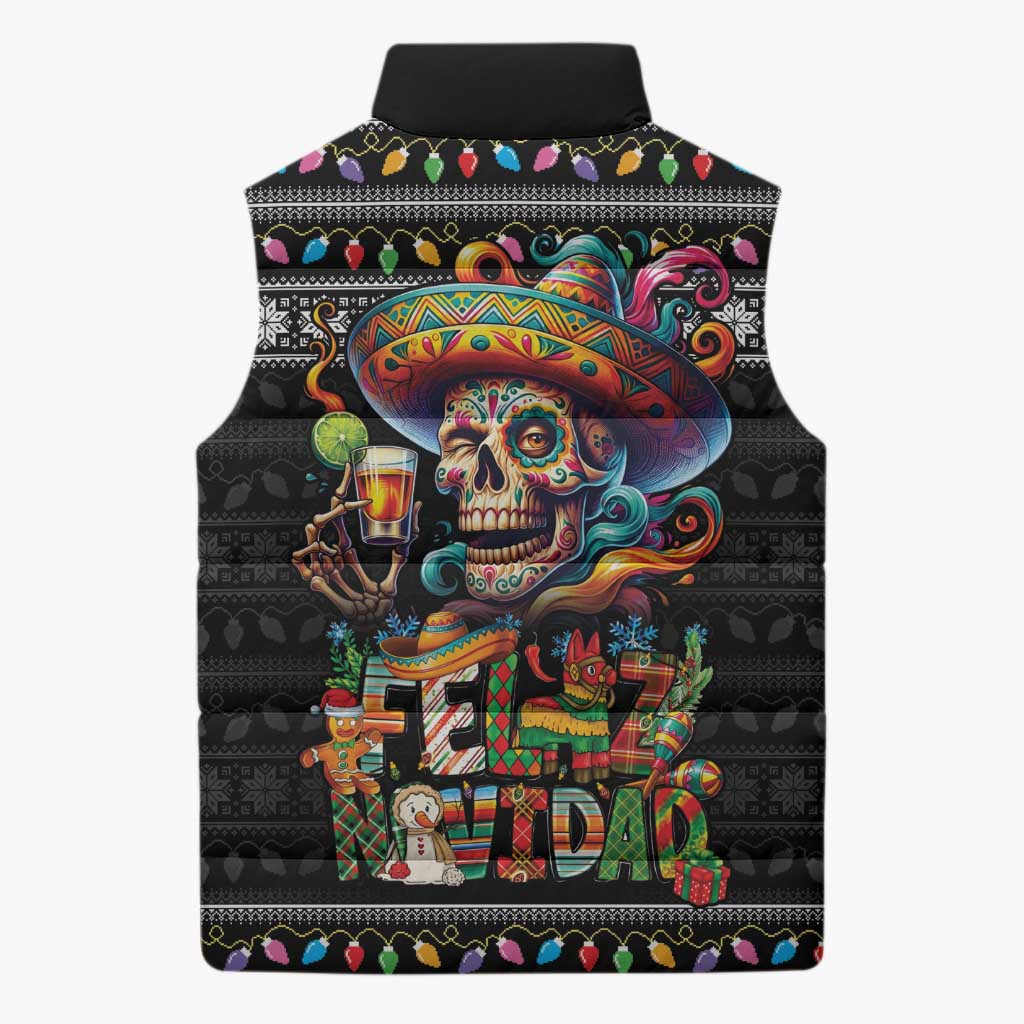 Mexican Sugar Skull Spanish Christmas Sleeveless Puffer Jacket Feliz Navidad Mexico - Wonder Print Shop