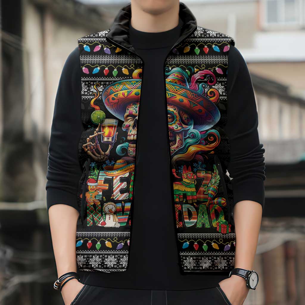 Mexican Sugar Skull Spanish Christmas Sleeveless Puffer Jacket Feliz Navidad Mexico - Wonder Print Shop
