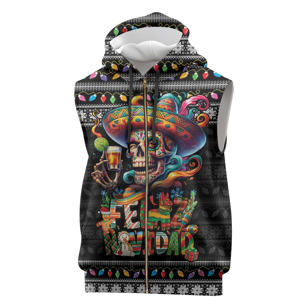 Mexican Sugar Skull Spanish Christmas Sleeveless Zip Hoodie Feliz Navidad Mexico - Wonder Print Shop