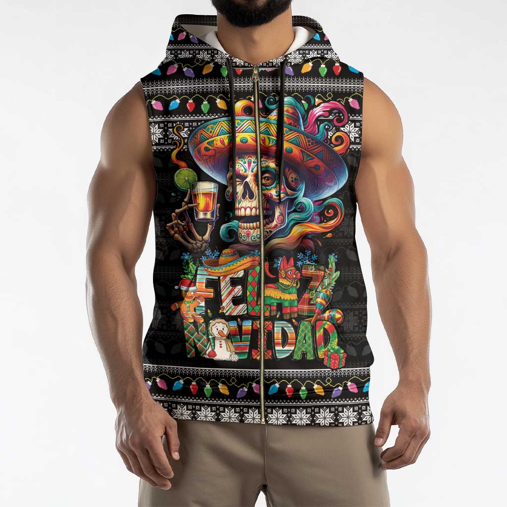 Mexican Sugar Skull Spanish Christmas Sleeveless Zip Hoodie Feliz Navidad Mexico - Wonder Print Shop