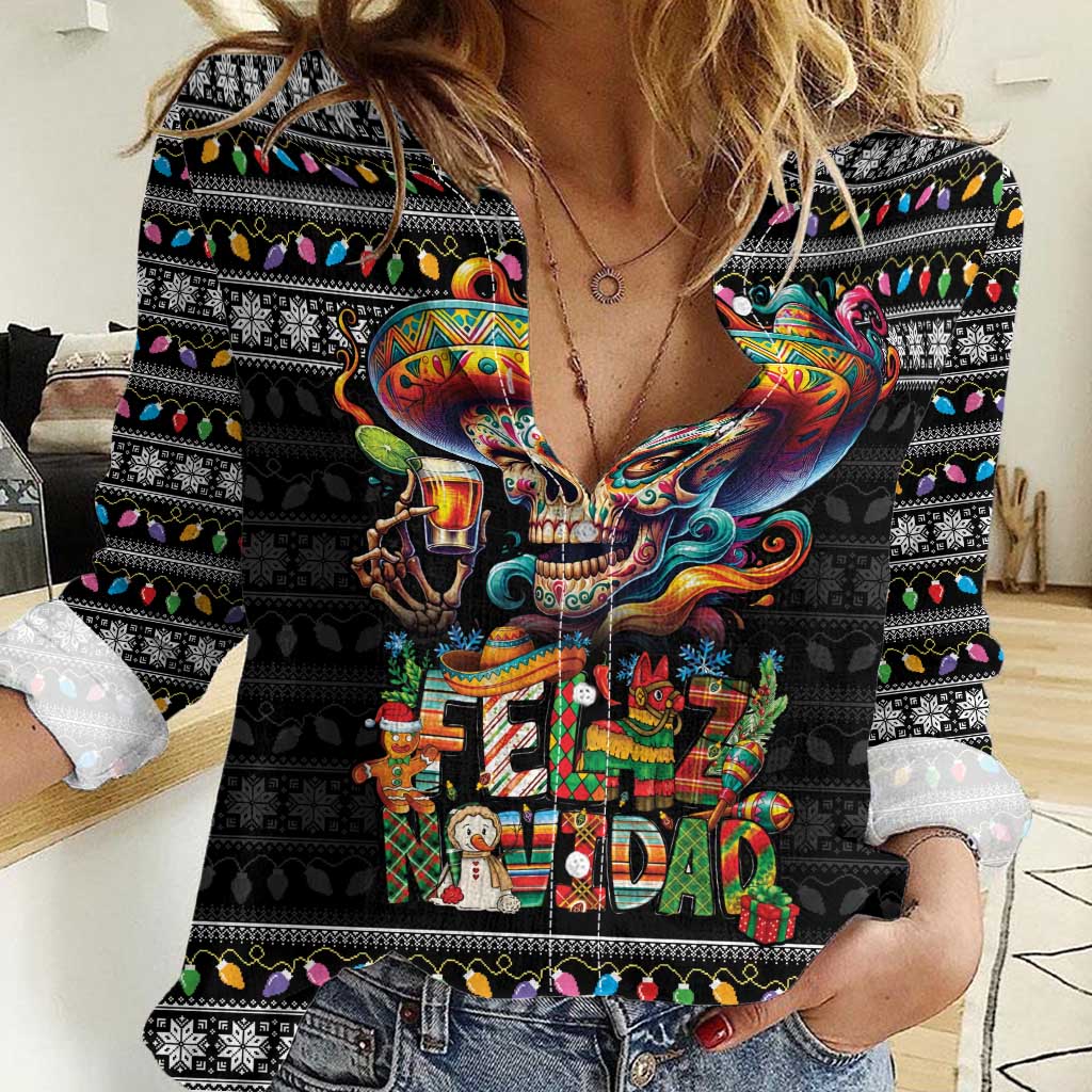 Mexican Sugar Skull Spanish Christmas Women Casual Shirt Feliz Navidad Mexico - Wonder Print Shop