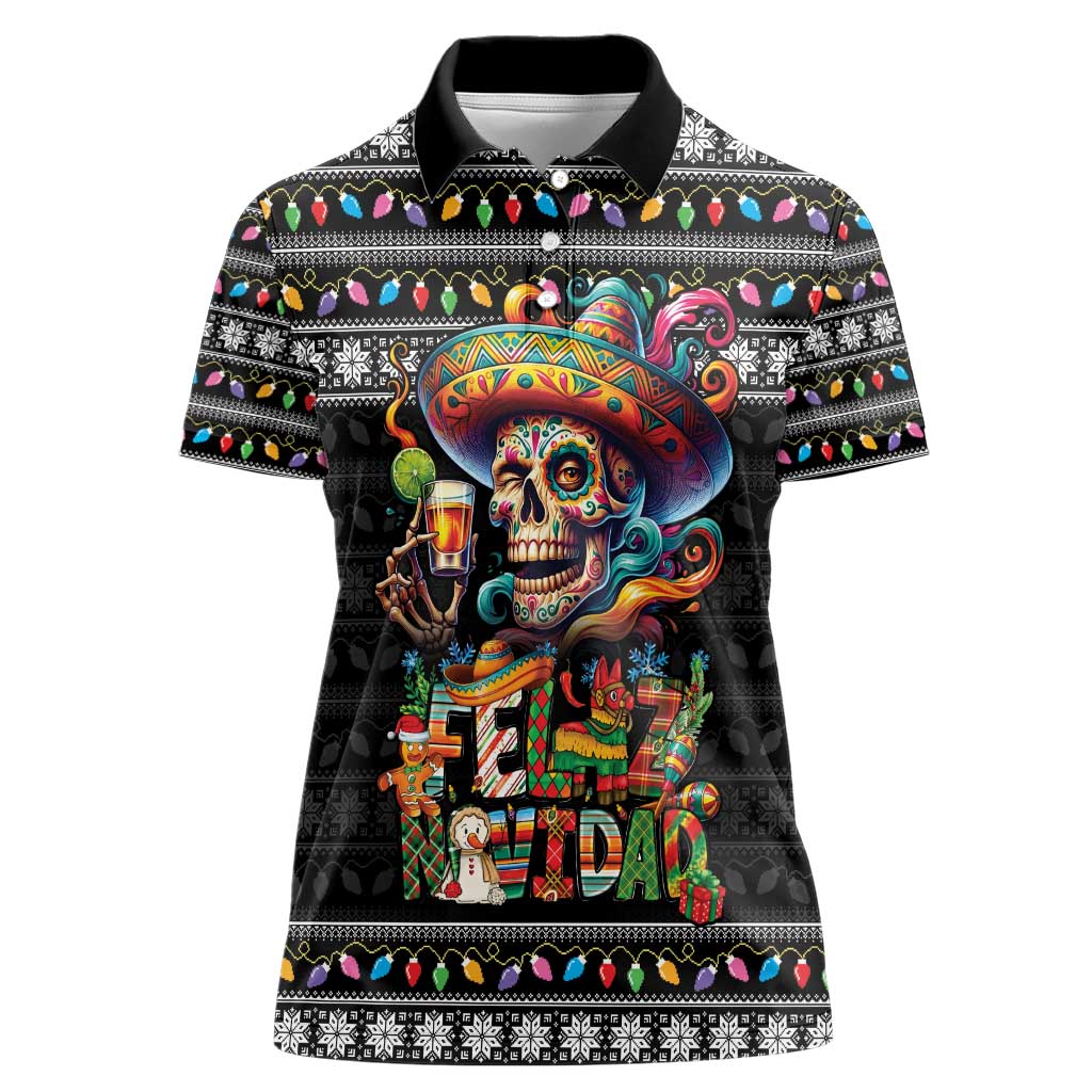 Mexican Sugar Skull Spanish Christmas Women Polo Shirt Feliz Navidad Mexico - Wonder Print Shop