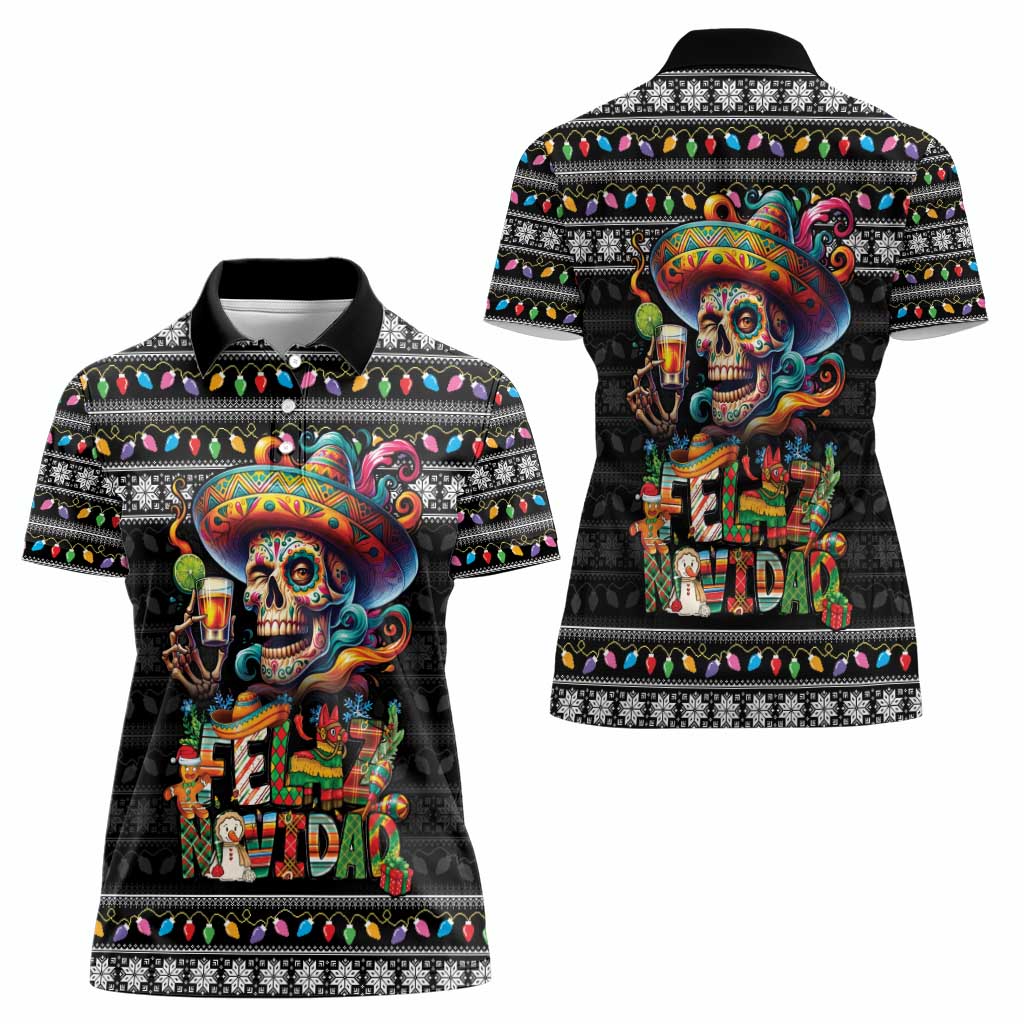 Mexican Sugar Skull Spanish Christmas Women Polo Shirt Feliz Navidad Mexico - Wonder Print Shop