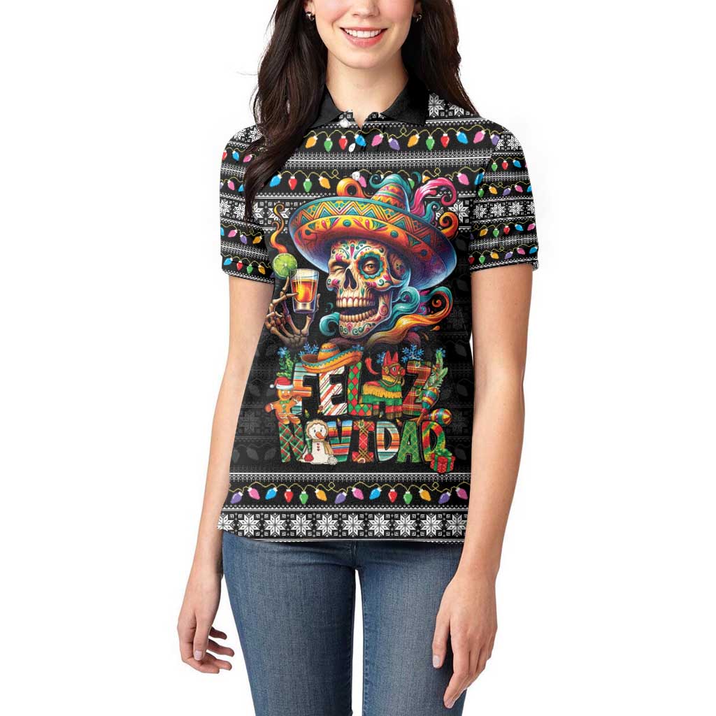 Mexican Sugar Skull Spanish Christmas Women Polo Shirt Feliz Navidad Mexico - Wonder Print Shop
