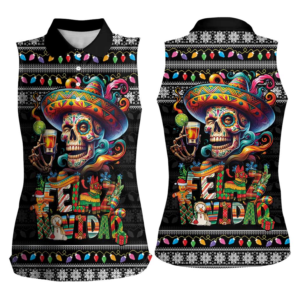 Mexican Sugar Skull Spanish Christmas Women Sleeveless Polo Shirt Feliz Navidad Mexico - Wonder Print Shop