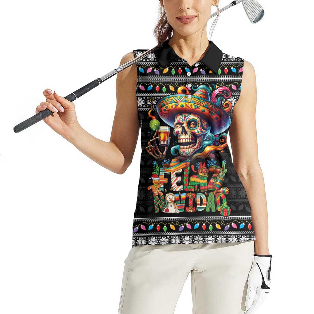 Mexican Sugar Skull Spanish Christmas Women Sleeveless Polo Shirt Feliz Navidad Mexico - Wonder Print Shop