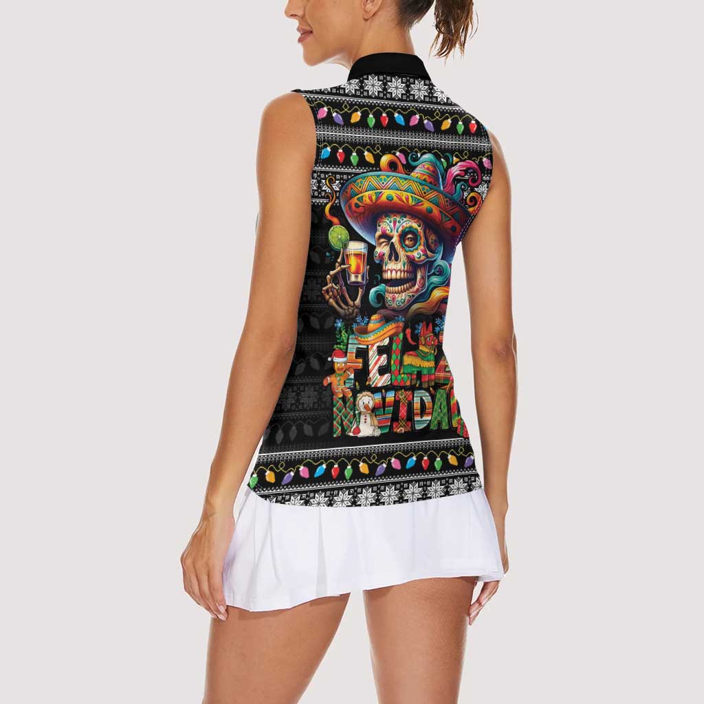 Mexican Sugar Skull Spanish Christmas Women Sleeveless Polo Shirt Feliz Navidad Mexico - Wonder Print Shop