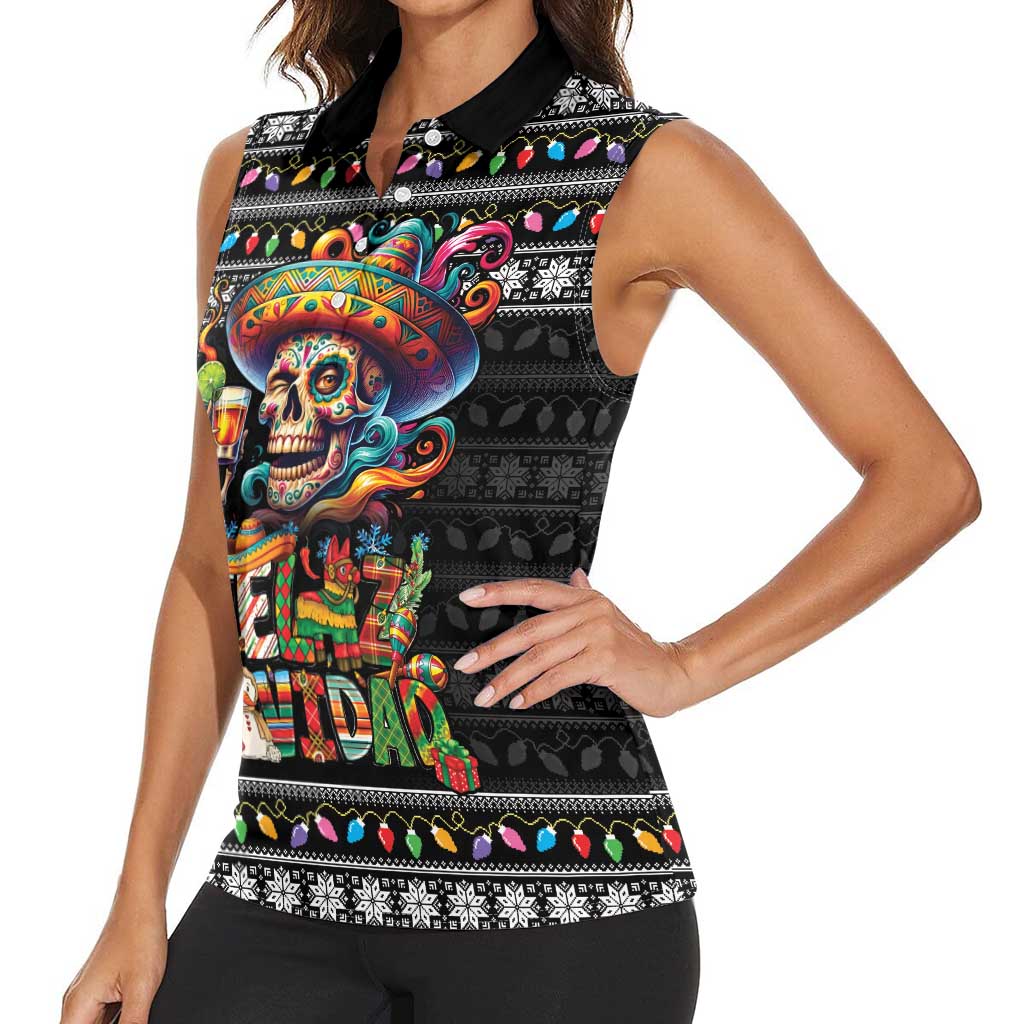 Mexican Sugar Skull Spanish Christmas Women Sleeveless Polo Shirt Feliz Navidad Mexico - Wonder Print Shop