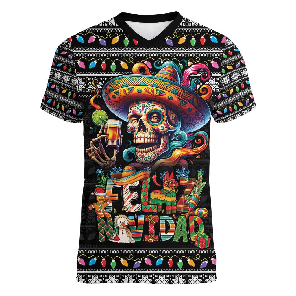 Mexican Sugar Skull Spanish Christmas Women V-Neck T-Shirt Feliz Navidad Mexico - Wonder Print Shop